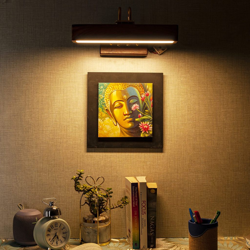 Green House Handmade Sheesham Wood Wall Light for Dressing Table/Mirror/Vanity/Bedroom/Bathroom/Living Room with 10W in-Built Tri-Colour LED/9 inches Wide/Gold Plated Brass Bands/Rivets/Moving Set