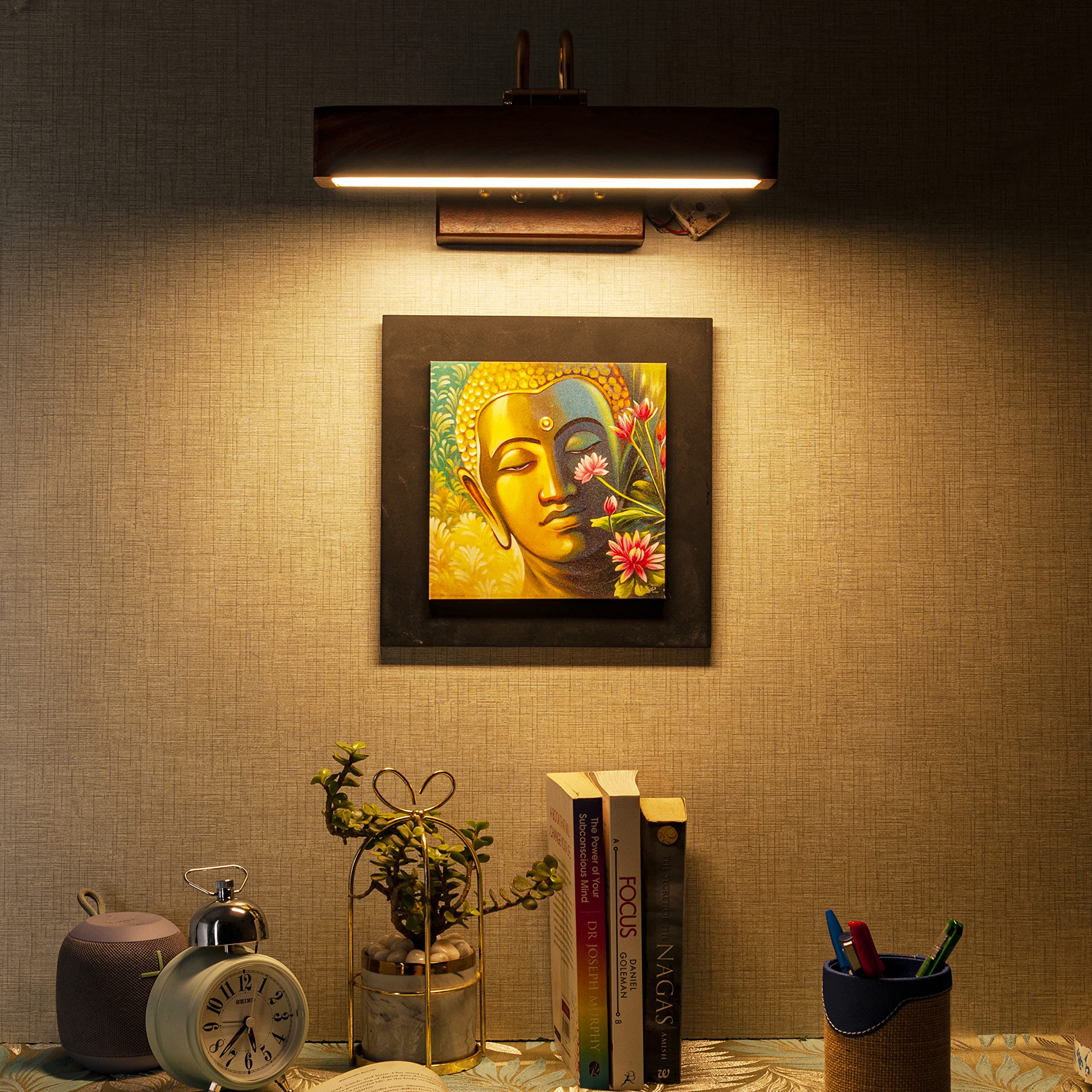 Green House Handmade Sheesham Wood Wall Light for Dressing Table/Mirror/Vanity/Bedroom/Bathroom/Living Room with 10W in-Built Tri-Colour LED/9 inches Wide/Gold Plated Brass Bands/Rivets/Moving Set