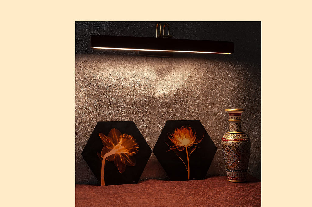 Green House Handmade Sheesham Wood Wall Light for Dressing Table/Mirror/Vanity/Bedroom/Bathroom/Living Room with 10W in-Built Tri-Colour LED/9 inches Wide/Gold Plated Brass Bands/Rivets/Moving Set