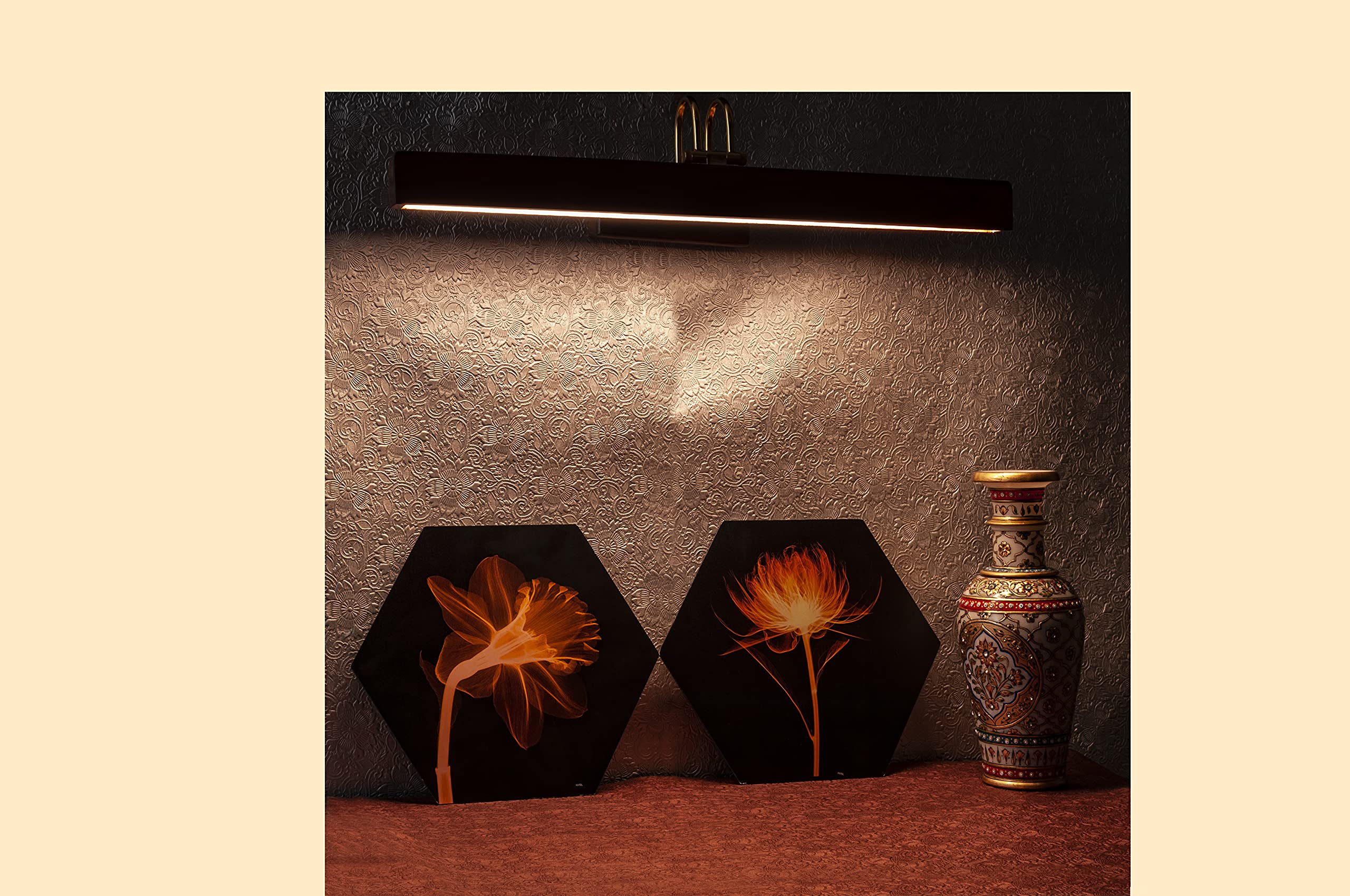 Green House Handmade Sheesham Wood Wall Light for Dressing Table/Mirror/Vanity/Bedroom/Bathroom/Living Room with 10W in-Built Tri-Colour LED/9 inches Wide/Gold Plated Brass Bands/Rivets/Moving Set