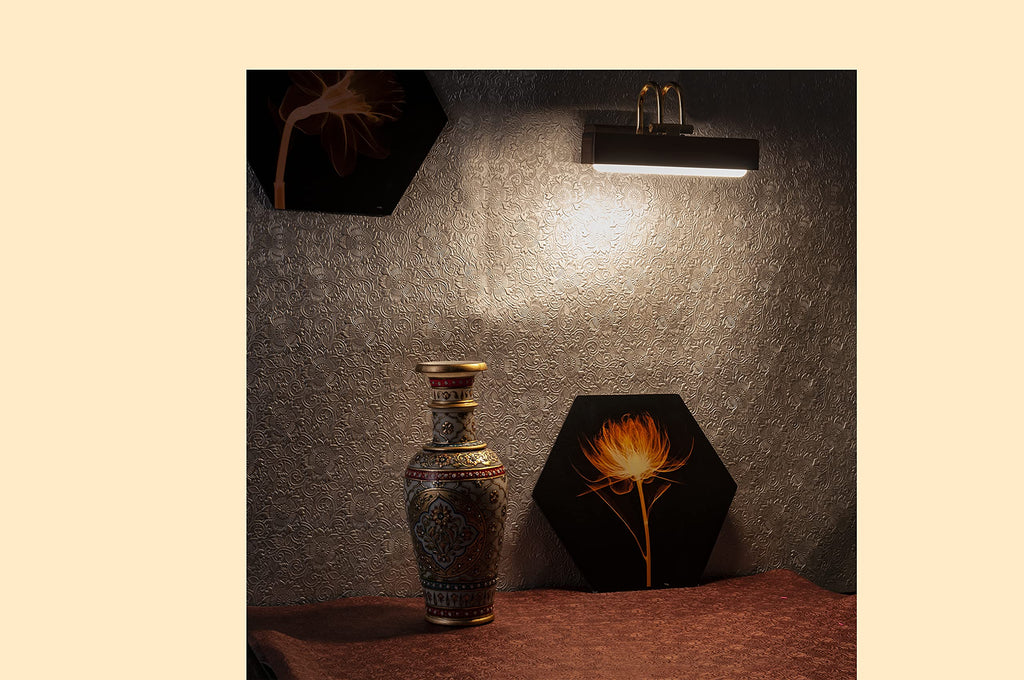 Green House Handmade Sheesham Wood Wall Light for Dressing Table/Mirror/Vanity/Bedroom/Bathroom/Living Room with 10W in-Built Tri-Colour LED/9 inches Wide/Gold Plated Brass Bands/Rivets/Moving Set