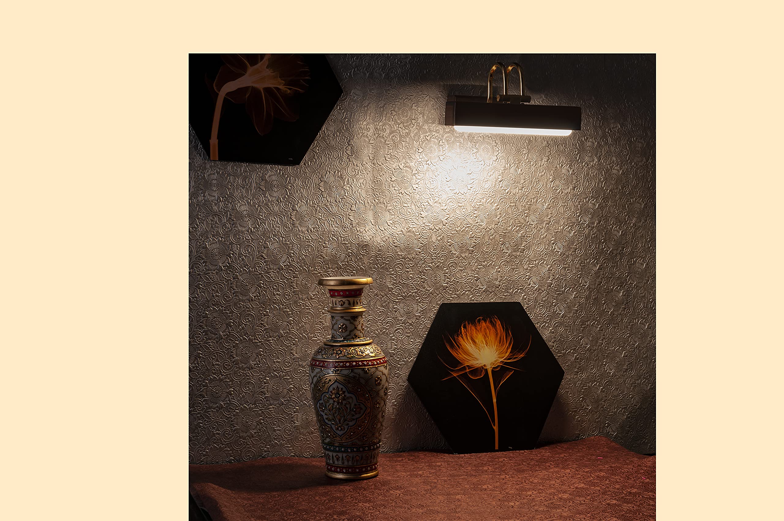 Green House Handmade Sheesham Wood Wall Light for Dressing Table/Mirror/Vanity/Bedroom/Bathroom/Living Room with 10W in-Built Tri-Colour LED/9 inches Wide/Gold Plated Brass Bands/Rivets/Moving Set