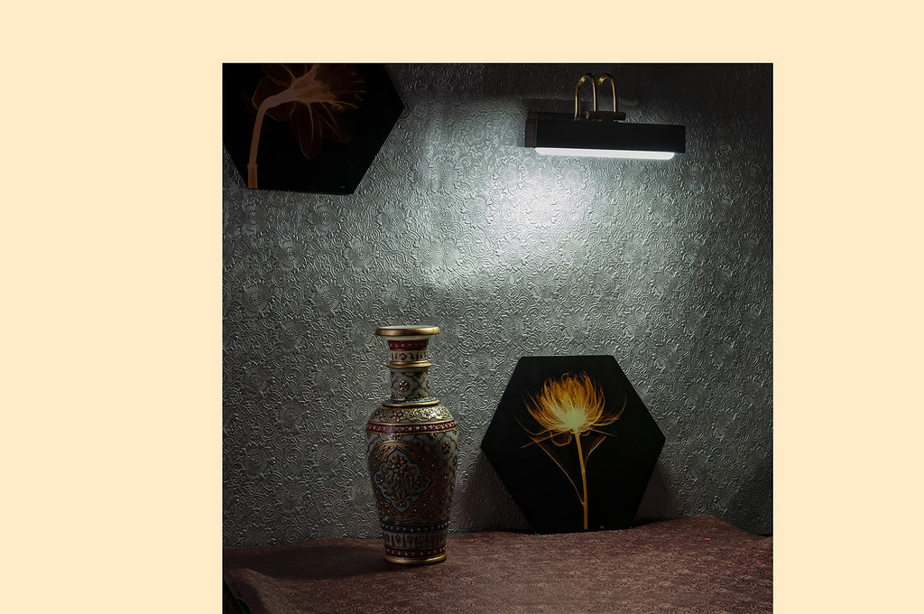 Green House Handmade Sheesham Wood Wall Light for Dressing Table/Mirror/Vanity/Bedroom/Bathroom/Living Room with 10W in-Built Tri-Colour LED/9 inches Wide/Gold Plated Brass Bands/Rivets/Moving Set