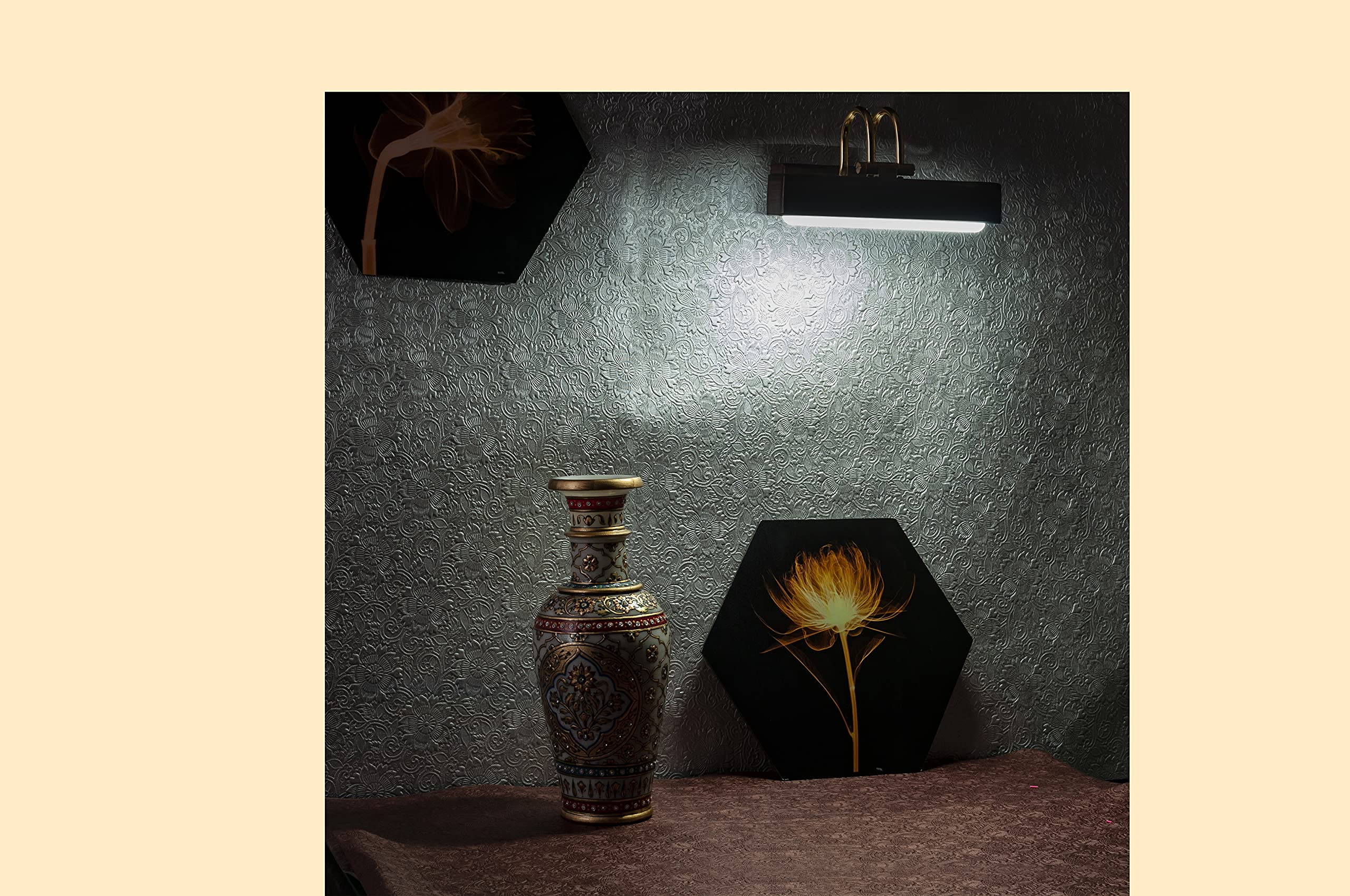 Green House Handmade Sheesham Wood Wall Light for Dressing Table/Mirror/Vanity/Bedroom/Bathroom/Living Room with 10W in-Built Tri-Colour LED/9 inches Wide/Gold Plated Brass Bands/Rivets/Moving Set