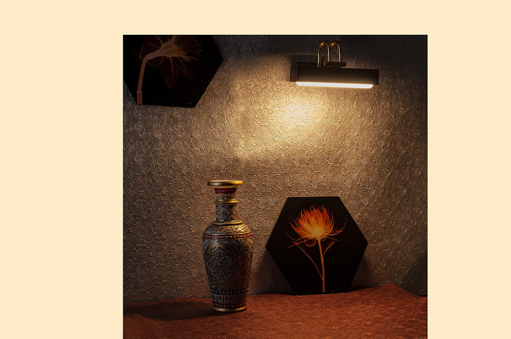 Green House Handmade Sheesham Wood Wall Light for Dressing Table/Mirror/Vanity/Bedroom/Bathroom/Living Room with 10W in-Built Tri-Colour LED/9 inches Wide/Gold Plated Brass Bands/Rivets/Moving Set