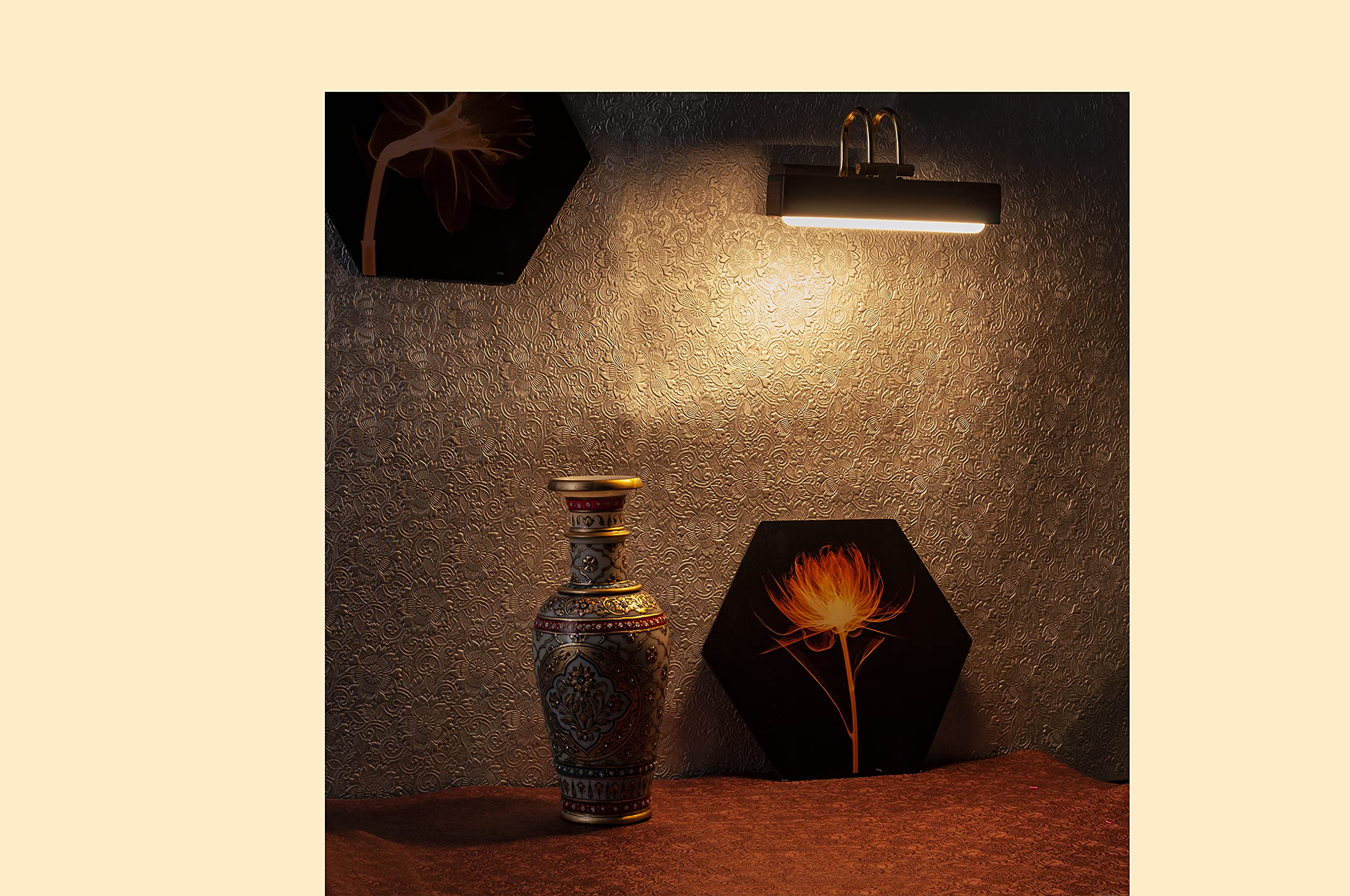 Green House Handmade Sheesham Wood Wall Light for Dressing Table/Mirror/Vanity/Bedroom/Bathroom/Living Room with 10W in-Built Tri-Colour LED/9 inches Wide/Gold Plated Brass Bands/Rivets/Moving Set