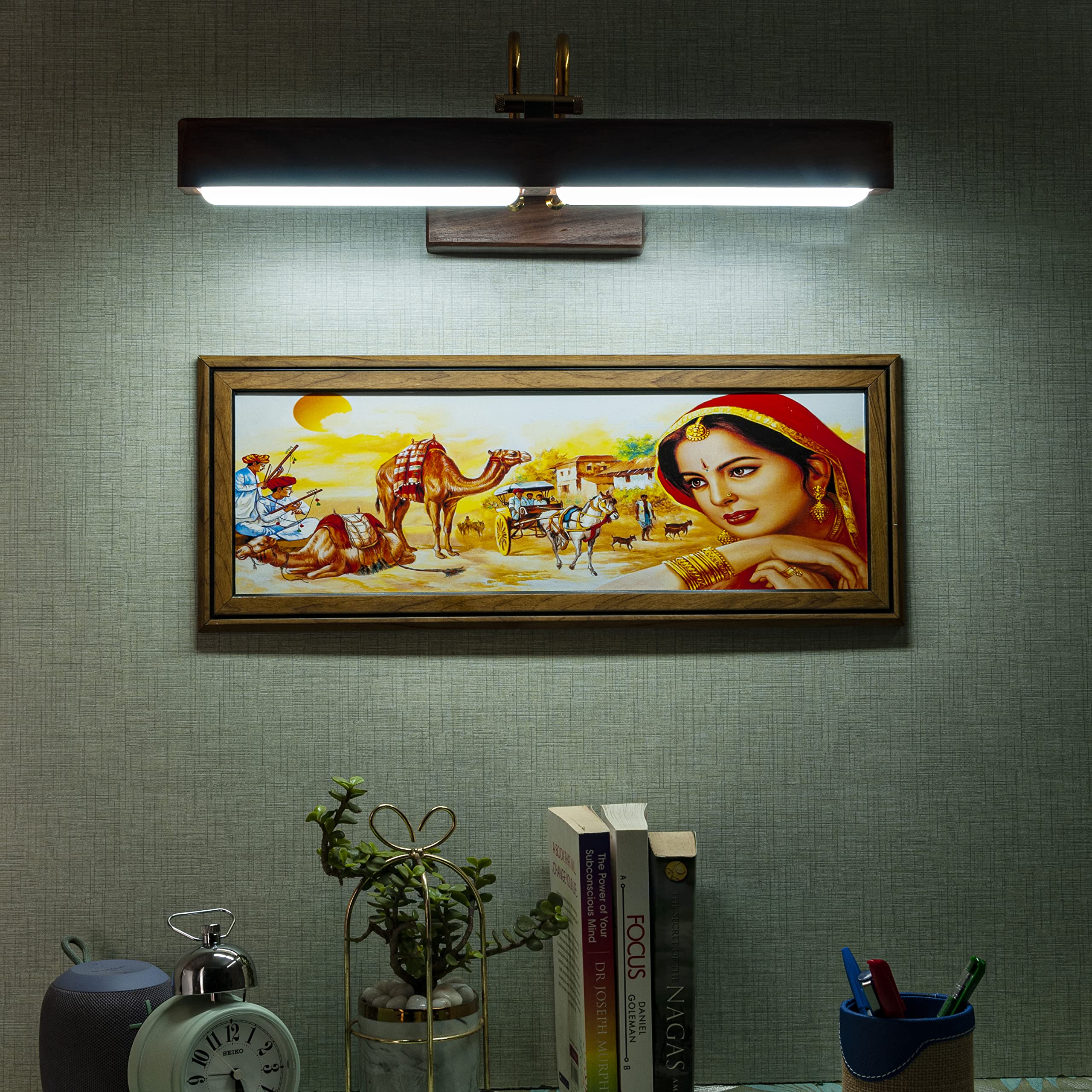 Green House Handmade Sheesham Wood Wall Light for Dressing Table/Mirror/Vanity/Bedroom/Bathroom/Living Room with 10W in-Built Tri-Colour LED/9 inches Wide/Gold Plated Brass Bands/Rivets/Moving Set