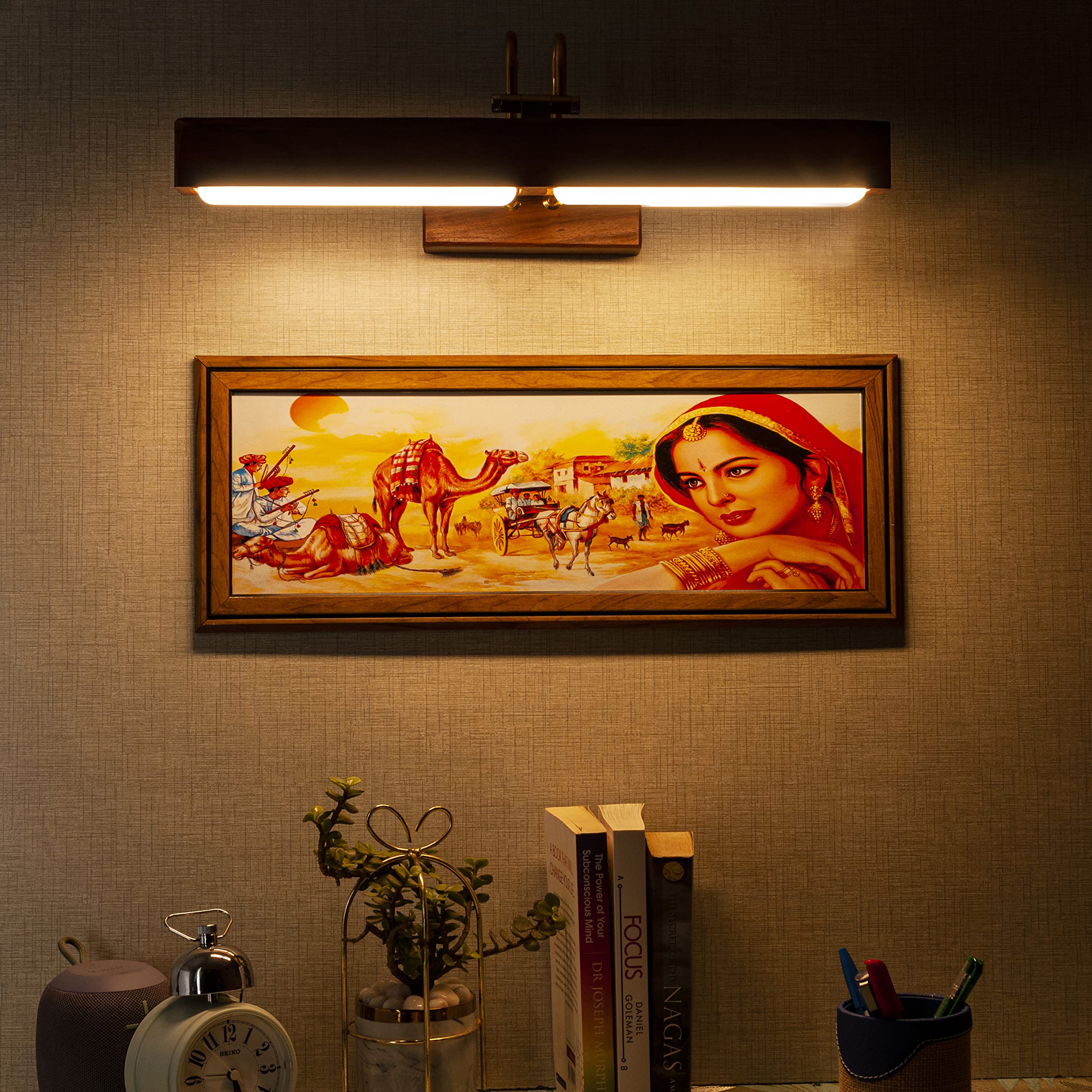 Green House Handmade Sheesham Wood Wall Light for Dressing Table/Mirror/Vanity/Bedroom/Bathroom/Living Room with 10W in-Built Tri-Colour LED/9 inches Wide/Gold Plated Brass Bands/Rivets/Moving Set