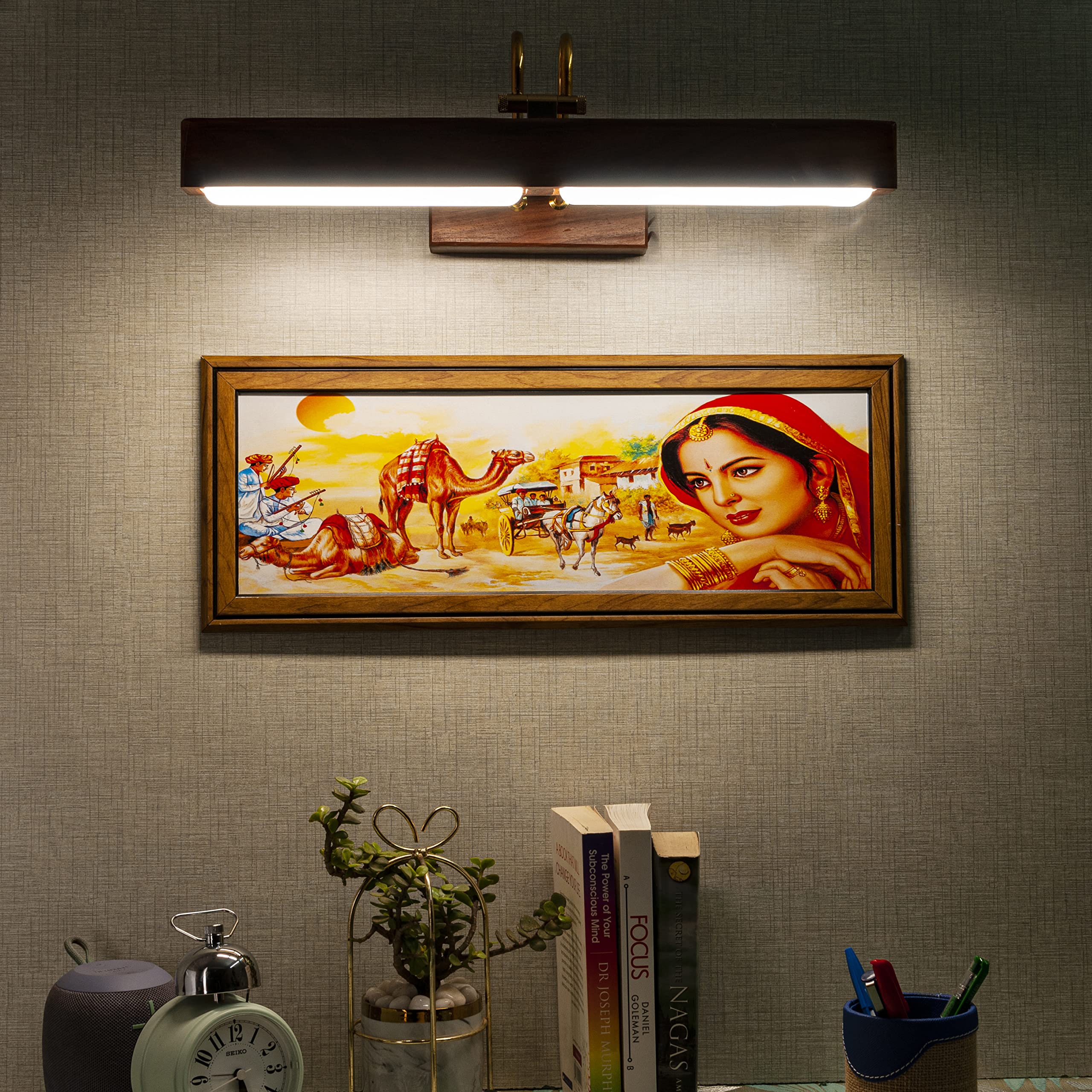 Green House Handmade Sheesham Wood Wall Light for Dressing Table/Mirror/Vanity/Bedroom/Bathroom/Living Room with 10W in-Built Tri-Colour LED/9 inches Wide/Gold Plated Brass Bands/Rivets/Moving Set