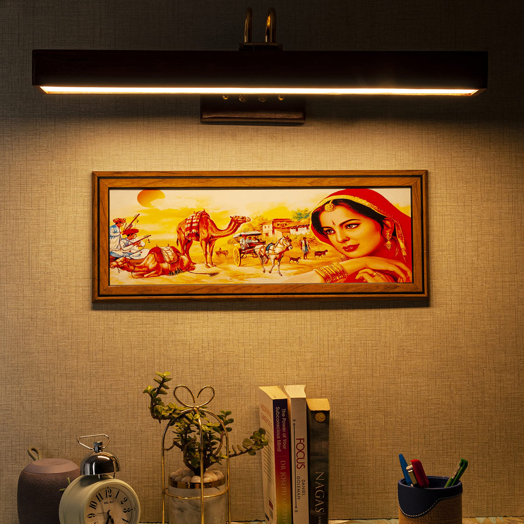 Green House Handmade Sheesham Wood Wall Light for Dressing Table/Mirror/Vanity/Bedroom/Bathroom/Living Room with 10W in-Built Tri-Colour LED/9 inches Wide/Gold Plated Brass Bands/Rivets/Moving Set