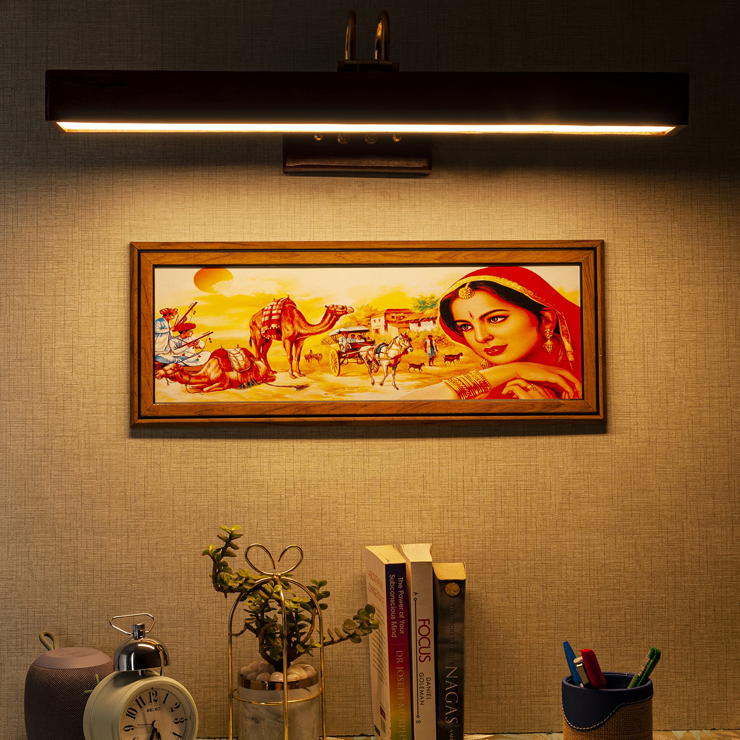 Green House Handmade Sheesham Wood Wall Light for Dressing Table/Mirror/Vanity/Bedroom/Bathroom/Living Room with 10W in-Built Tri-Colour LED/9 inches Wide/Gold Plated Brass Bands/Rivets/Moving Set